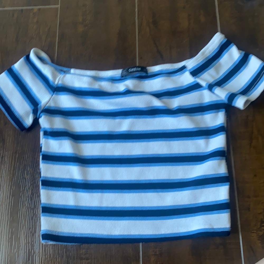 Blue white and blacked striped crop top